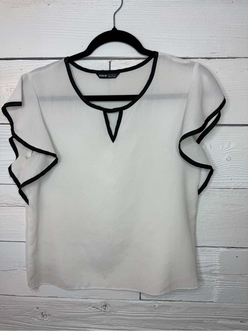 SHEIN White Blouse with Black Trim Ruffle Sleeves